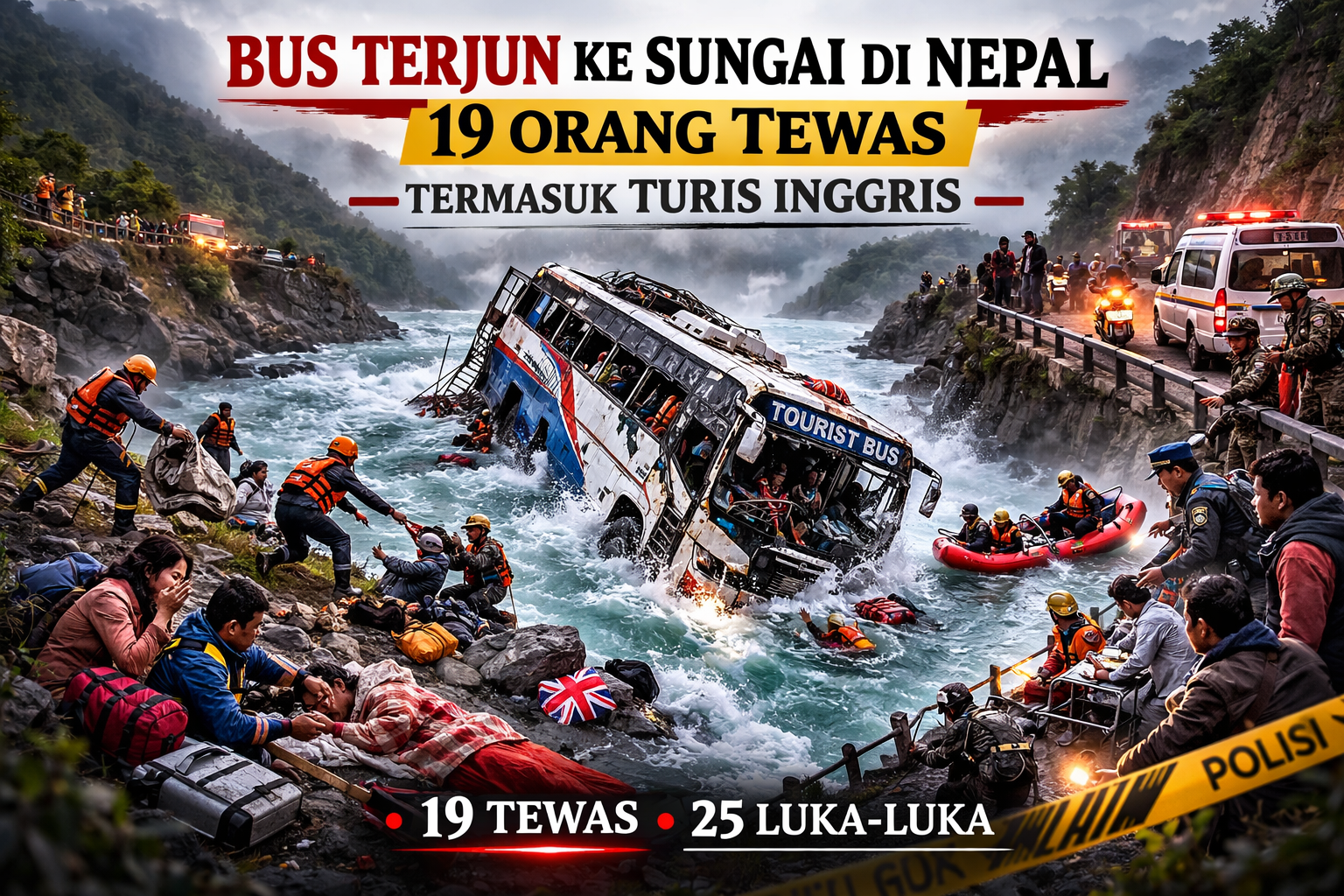 Bus Terjun ke Sungai di Nepal, 19 Orang Tewas Termasuk Turis Inggris